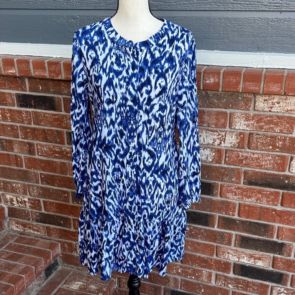 beachlunchlounge Blue White Ikat Shift Dress Long Sleeve Boho Midi Medium